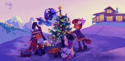 Size: 3448x1687 | Tagged: safe, artist:holivi, apple bloom, princess luna, scootaloo, sweetie belle, alicorn, earth pony, pegasus, unicorn, anthro, plantigrade anthro, g4, bauble, bipedal, bundled up, christmas tree, clothes, cutie mark crusaders, female, filly, foal, snow, tree, winter outfit