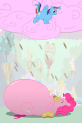 Size: 999x1501 | Tagged: safe, artist:fatponysketches, pinkie pie, rainbow dash, earth pony, pegasus, pony, g4, belly, candy, chocolate, chocolate rain, cloud, cotton candy cloud, cupcake, eating, fat, inflation, morbidly obese, muffin, nom-nom, obese, rain, stomping, stuffing, wat, weight gain