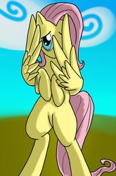 Size: 500x759 | Tagged: safe, artist:bingodingo, fluttershy, pegasus, pony, g4, bipedal, female, hiding behind wing, hooves to the chest, looking at you, shy, solo, wings