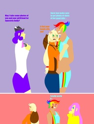 Size: 900x1191 | Tagged: safe, artist:mewpika, applejack, fluttershy, rainbow dash, human, g4, comic, female, humanized, lesbian, ship:appledash, shipping