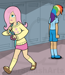 Size: 900x1037 | Tagged: safe, artist:colorsplasharts, fluttershy, rainbow dash, human, g4, 2012, butch hartman, clothes, high school, humanized, school, skirt, style emulation