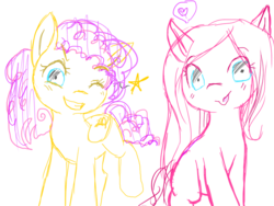 Size: 800x600 | Tagged: safe, artist:hikkupp, oc, oc only, earth pony, pegasus, pony, blank flank, limited palette, magical lesbian spawn, offspring, parent:fluttershy, parent:pinkie pie, parents:flutterpie, sisters, tongue out, wink