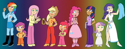 Size: 1280x507 | Tagged: safe, artist:colorsplasharts, apple bloom, applejack, fluttershy, pinkie pie, rainbow dash, rarity, scootaloo, sweetie belle, twilight sparkle, bird, g4, book, butch hartman, dark skin, humanized, style emulation