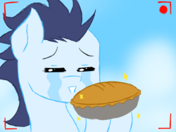 Size: 800x600 | Tagged: safe, soarin', g4, camera shot, crying, hoof hold, pie, recording, that pony sure does love pies