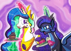 Size: 799x577 | Tagged: safe, artist:aurora-chiaro, princess celestia, princess luna, g4, cake, traditional art