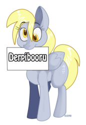 Size: 982x1430 | Tagged: safe, artist:bluntwhiskey, derpy hooves, pegasus, pony, derpibooru, g4, female, mare, meta, mouth hold, sign, simple background, solo, transparent background