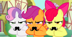 Size: 680x348 | Tagged: safe, apple bloom, scootaloo, sweetie belle, g4, cutie mark crusaders, female, filly, foal, moustache