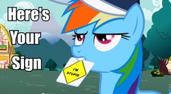 Size: 852x472 | Tagged: safe, edit, edited screencap, screencap, rainbow dash, pony, g4, may the best pet win, my little pony: friendship is magic, baseball cap, cap, caption, coach rainbow dash, female, hat, image macro, mare, mouth hold, text, tree