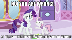 Size: 625x349 | Tagged: safe, rarity, sweetie belle, g4, image macro, reaction image