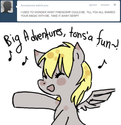 Size: 550x570 | Tagged: dead source, safe, derpy hooves, pegasus, pony, ask lonely derpy, g4, ask, cute, derpabetes, eyes closed, female, mare, music notes, singing, solo, theme song, tumblr