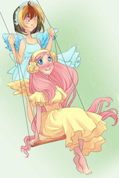 Size: 531x792 | Tagged: safe, artist:zoe-productions, fluttershy, rainbow dash, human, g4, barefoot, blushing, clothes, cute, dress, duo, feet, humanized, simple background, sundress, swing, winged humanization