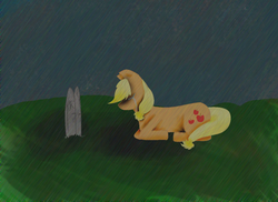 Size: 900x654 | Tagged: safe, artist:invaderliz-thecat, applejack, g4, applejack's parents, crying, grave, rain