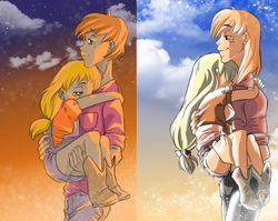 Size: 849x677 | Tagged: safe, artist:zoe-productions, applejack, big macintosh, human, g4, comparison, humanized, siblings, younger