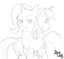 Size: 984x917 | Tagged: safe, artist:brainsucks, trixie, twilight sparkle, pony, unicorn, g4, duo, monochrome, simple background, sketch, unicorn twilight, white background