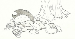 Size: 1462x773 | Tagged: safe, artist:joelashimself, applejack, g4, blushing, cider, drunk, eyes closed, sleeping