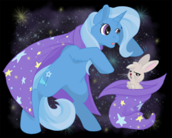 Size: 1000x800 | Tagged: safe, artist:daydreamer-mod, angel bunny, trixie, pony, rabbit, unicorn, g4, animal, bipedal, bunny out of the hat, clothes, female, hat, magic trick, mare, trixie's hat