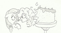 Size: 1342x725 | Tagged: safe, artist:joelashimself, pinkie pie, rarity, g4, cake, popping out of a cake