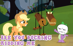 Size: 500x318 | Tagged: safe, edit, edited screencap, screencap, applejack, spike, timber wolf, g4, are you serious