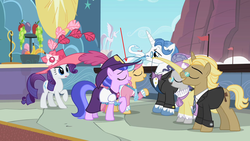 Size: 1280x720 | Tagged: safe, screencap, fancypants, rarity, pony, unicorn, g4, female, hat, male, mare, stallion, tongue out, wat