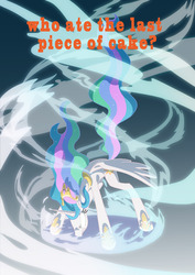 Size: 2480x3508 | Tagged: safe, artist:lalindaaa, princess celestia, g4, badass, cake, cakelestia, dialogue, epic, food, glowing eyes, magic, text, this will end in pain