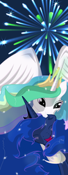 Size: 900x2295 | Tagged: safe, artist:bednarowski, princess celestia, princess luna, g4, ear bite, fireworks