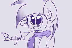 Size: 989x665 | Tagged: safe, artist:extradan, :p, bust, clothes, cute, hooves to the chest, lineart, monochrome, one ear down, portrait, scarf, simple background, solo, speech bubble, talking, tongue out, white background, winter scarves