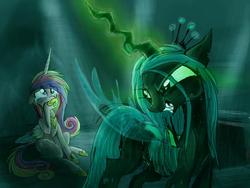 Size: 960x720 | Tagged: safe, artist:namiwami, princess cadance, queen chrysalis, alicorn, changeling, changeling queen, pony, g4, crown, female, glowing horn, horn, jewelry, regalia, teary eyes