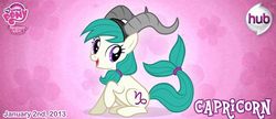Size: 748x323 | Tagged: safe, artist:patchwerk-kw, oc, oc:capricorn, earth pony, pony, official, abstract background, capricorn, cute, female, horoscope, mare, ponified, ponyscopes, solo, zodiac