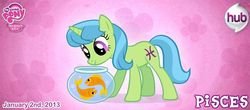 Size: 740x326 | Tagged: safe, artist:patchwerk-kw, pisces (g4), fish, goldfish, pony, unicorn, g4, official, abstract background, female, fish bowl, horoscope, lennon, mare, mccartney, pisces, ponified, ponyscopes, zodiac
