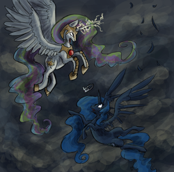 Size: 1280x1269 | Tagged: dead source, safe, artist:obsidianchameleon, princess celestia, princess luna, alicorn, pony, g4, crown, crying, feather, flying, jewelry, regalia, tyrant celestia