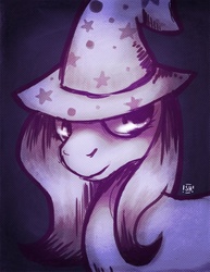 Size: 600x776 | Tagged: safe, artist:steveholt, trixie, g4, bust, closed mouth, clothes, eyes open, hat, looking back, solo, trixie's hat