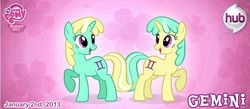 Size: 750x326 | Tagged: safe, artist:patchwerk-kw, gemini (g4), pony, unicorn, g4, official, abstract background, duo, duo female, female, gemini, horoscope, mare, ponified, ponyscopes, twins, zodiac