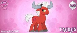 Size: 742x326 | Tagged: safe, artist:patchwerk-kw, oc, oc:taurus, earth pony, pony, official, abstract background, horn, horoscope, male, ponified, ponyscopes, solo, stallion, taurus, zodiac