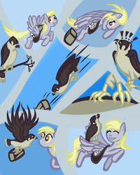 Size: 900x1125 | Tagged: safe, artist:pumqin, derpy hooves, falcon, pegasus, peregrine falcon, pony, g4, female, flying, mail, mare, pet