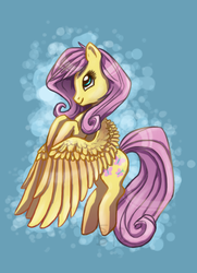 Size: 402x556 | Tagged: dead source, safe, artist:obsidianchameleon, fluttershy, pegasus, pony, g4, abstract background, female, hooves to the chest, looking up, mare, profile, smiling, solo, spread wings, wings, wings down
