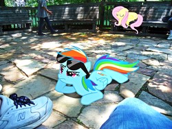 Size: 4320x3240 | Tagged: safe, artist:dipi11, artist:emedina13, artist:ikillyou121, fluttershy, rainbow dash, human, g4, amusement park, bench, glasses, irl, photo, ponies in real life, shoes, six flags, sleeping, sneakers, vector