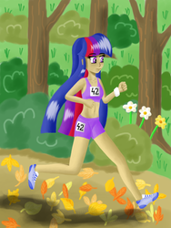 Size: 1200x1600 | Tagged: safe, artist:fahu, twilight sparkle, human, g4, belly button, bush, clothes, flower, happy, human coloration, humanized, jogging, leaves, midriff, multicolored hair, purple eyes, running of the leaves, running shorts, shoes, shorts, skinny, smiling, sneakers, solo, sports bra, thin, tomboy, tree