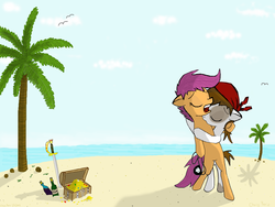 Size: 1024x768 | Tagged: safe, artist:westernciv, pipsqueak, scootaloo, g4, duo, female, island, male, pirate, ship:scootasqueak, shipping, straight, toy ship, treasure, treasure chest