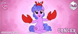 Size: 748x328 | Tagged: safe, artist:patchwerk-kw, crab, pony, official, cancer (horoscope), cute, horoscope, open mouth, ponified, ponyscopes, sitting, smiling, solo, zodiac