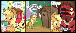 Size: 1700x744 | Tagged: safe, artist:madmax, idw, apple bloom, applejack, f'wuffy, earth pony, pony, spider, g4, spoiler:comic, spoiler:comic02, apple bloom's bow, applejack's hat, bow, comic, cowboy hat, eyepatch, female, filly, hair bow, hat, male, mare, mouth hold, newspaper, outhouse, sweat, toilet