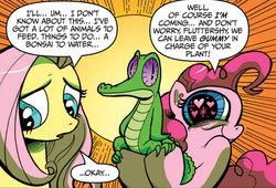 Size: 608x413 | Tagged: safe, idw, official comic, fluttershy, gummy, pinkie pie, pony, g4