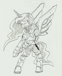 Size: 1056x1282 | Tagged: safe, artist:joelashimself, princess luna, pony, g4, armor, crossover, female, halo (series), monochrome, powered exoskeleton, solo, weapon