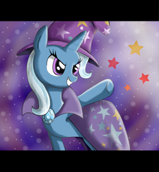 Size: 1099x1184 | Tagged: safe, artist:the-butch-x, trixie, pony, unicorn, g4, cape, clothes, female, grin, hat, letterboxing, mare, smiling, solo, trixie's cape, trixie's hat