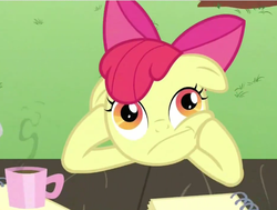 Size: 619x467 | Tagged: safe, screencap, apple bloom, earth pony, pony, g4, my little pony: friendship is magic, ponyville confidential, coffee, thinking, thinking bloom