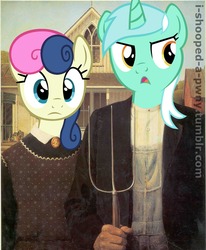 Size: 1183x1438 | Tagged: safe, artist:i-shooped-a-pwny, edit, editor:i-shooped-a-pwny, bon bon, lyra heartstrings, sweetie drops, apple family reunion, g4, american gothic, house, pitchfork