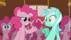 Size: 1280x720 | Tagged: safe, edit, edited screencap, editor:i-shooped-a-pwny, screencap, lyra heartstrings, pinkie pie, earth pony, pony, unicorn, g4, too many pinkie pies, clone, female, fingers, hand, mare, multeity, pinkie clone, too much pink energy is dangerous
