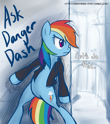 Size: 953x1080 | Tagged: dead source, safe, artist:tehjadeh, rainbow dash, pegasus, pony, g4, ask, bipedal, clothes, danger dash, female, jacket, mare, simple background, solo, tumblr