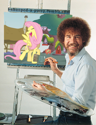 Size: 500x646 | Tagged: safe, editor:i-shooped-a-pwny, fluttershy, g4, bob ross, eyes closed, fluttertree, grin, open mouth, smiling