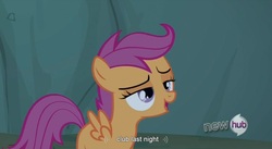 Size: 1581x865 | Tagged: safe, screencap, scootaloo, g4, female, filly, foal, lidded eyes, open mouth, smugaloo, youtube caption, youtube link