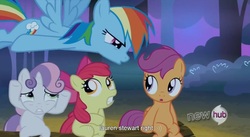 Size: 1579x865 | Tagged: safe, screencap, apple bloom, rainbow dash, scootaloo, sweetie belle, g4, sleepless in ponyville, cutie mark crusaders, hub logo, youtube caption, youtube link